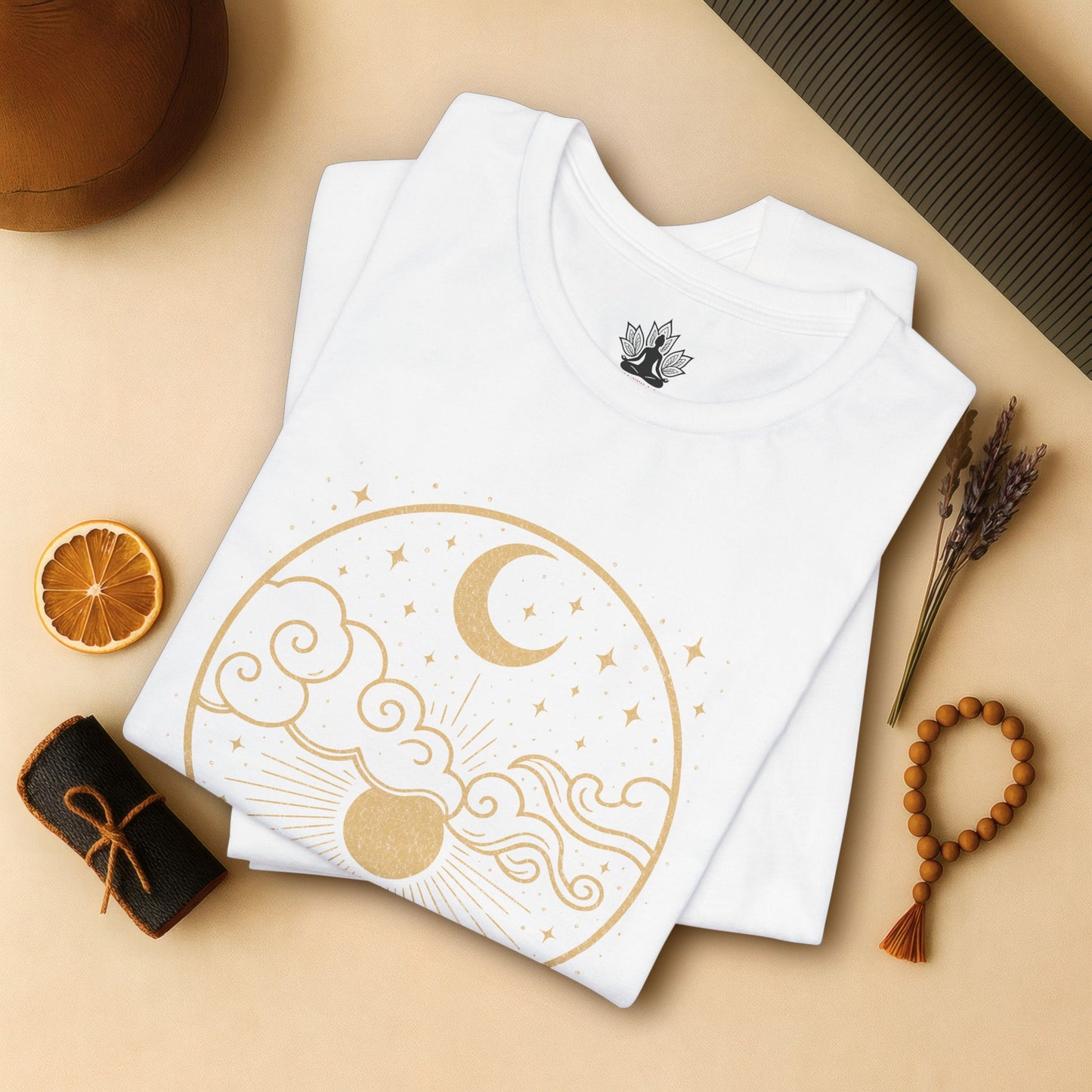 Celestial Moon and Clouds - Gold Yoga Tee