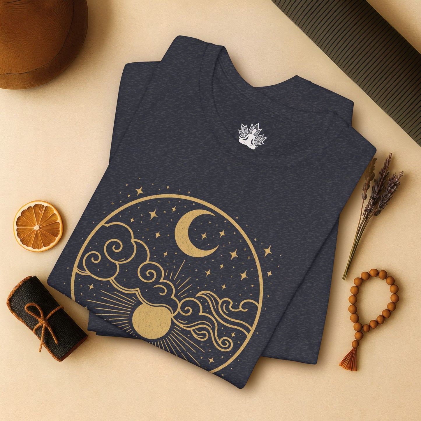 Celestial Moon and Clouds - Gold Yoga Tee