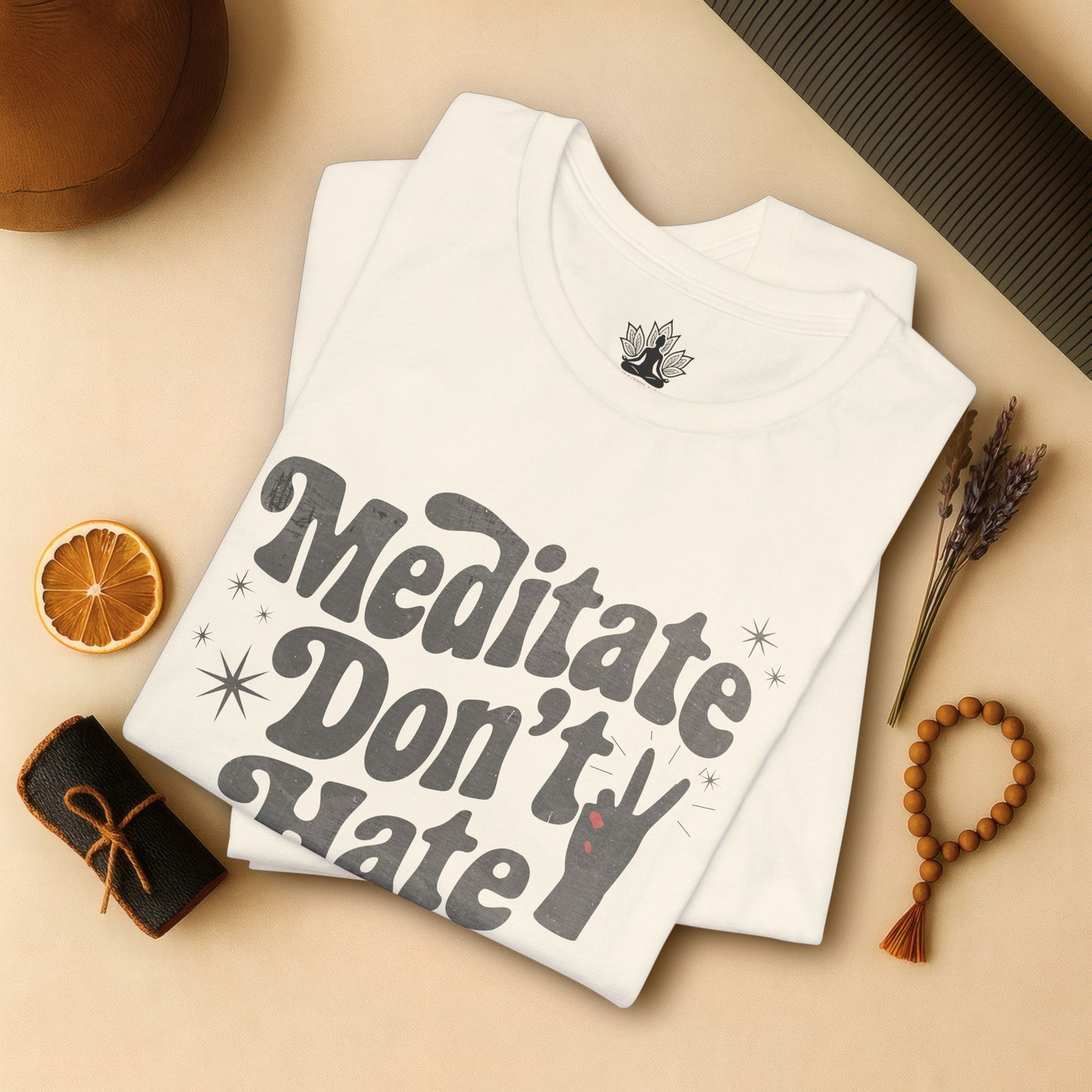 Meditate Don’t Hate – Retro Peace Yoga Tee