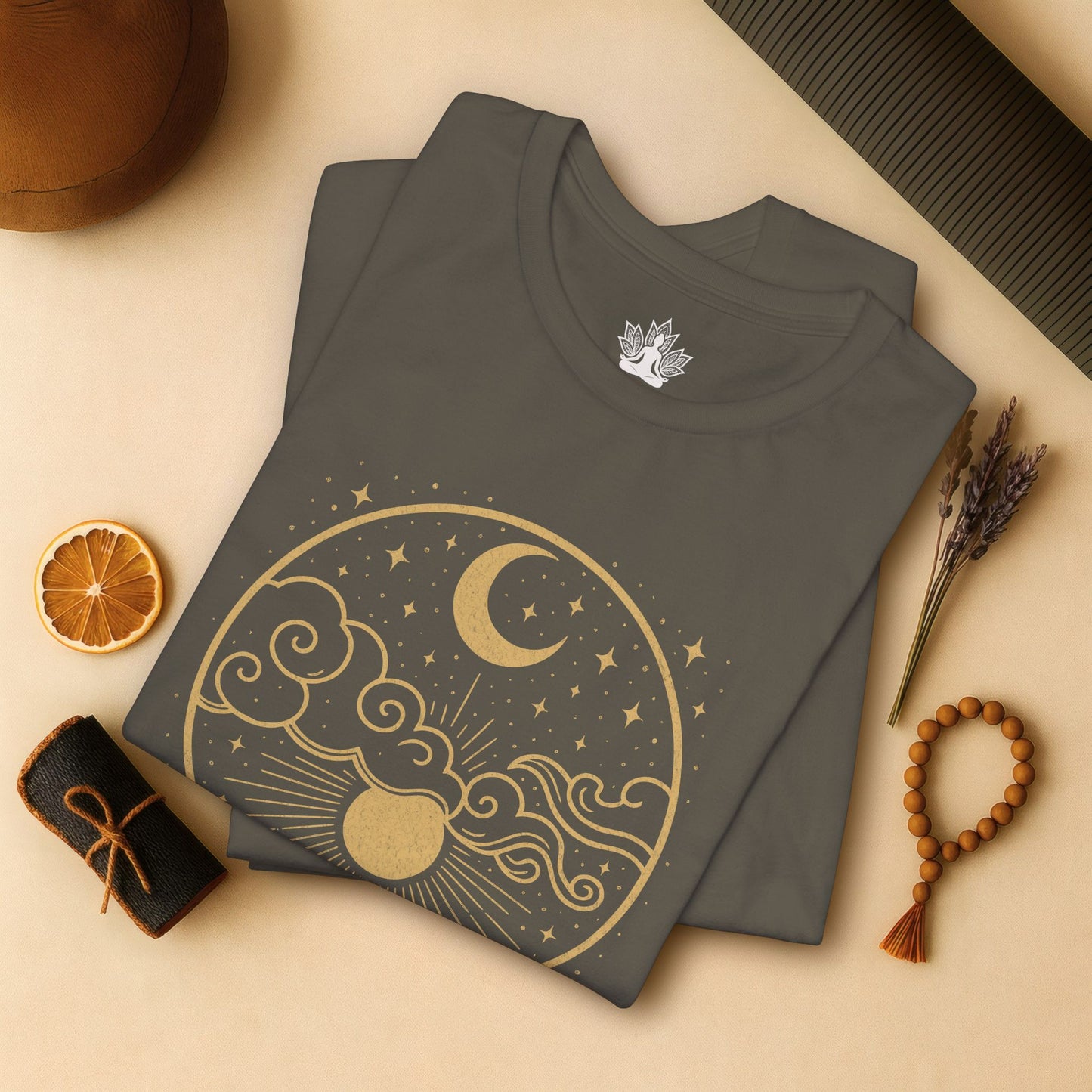 Celestial Moon and Clouds - Gold Yoga Tee