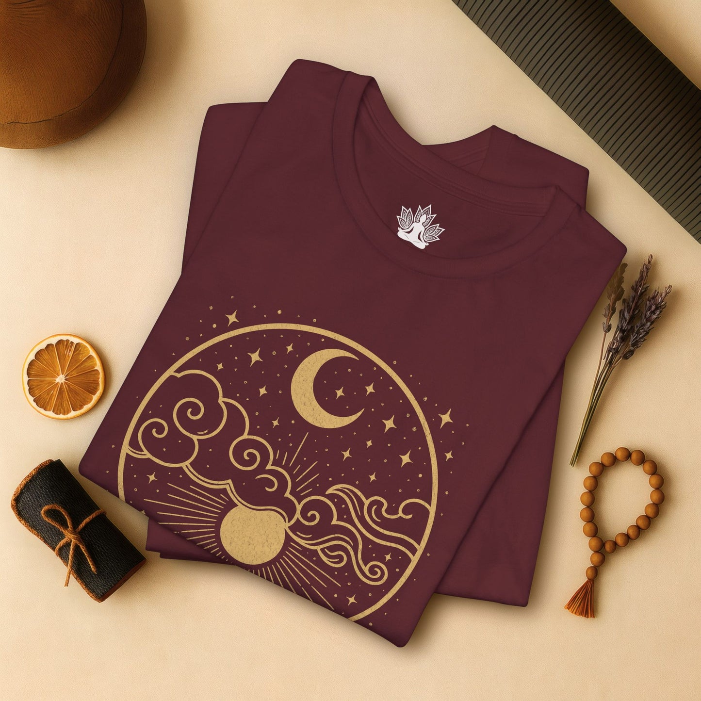 Celestial Moon and Clouds - Gold Yoga Tee