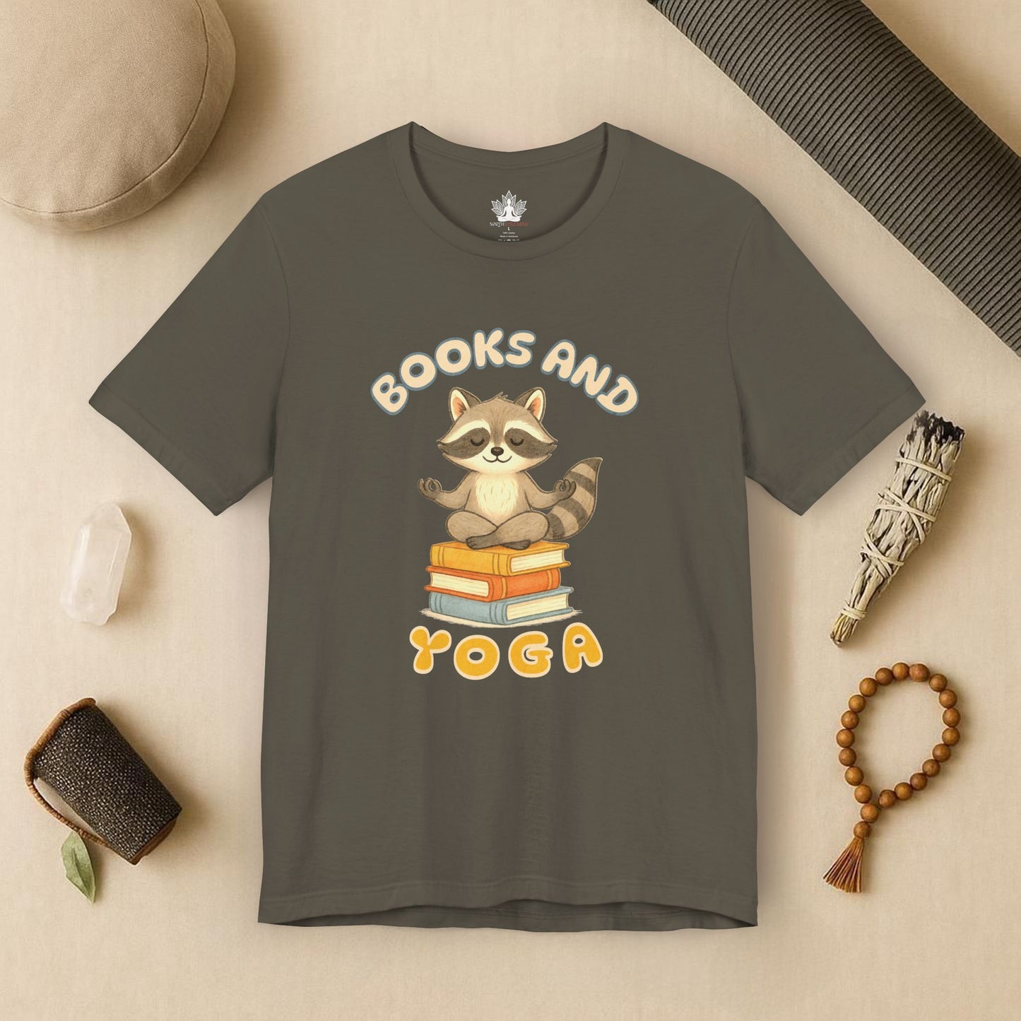 Books and Yoga – Cozy Raccoon Tee
