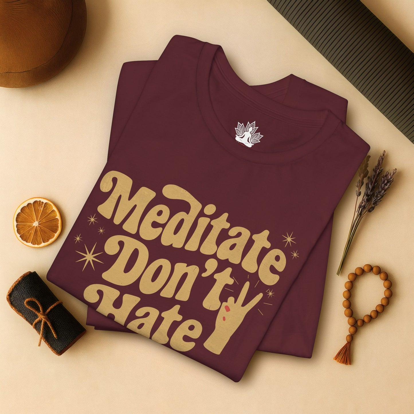Meditate Don’t Hate – Retro Peace Yoga Tee