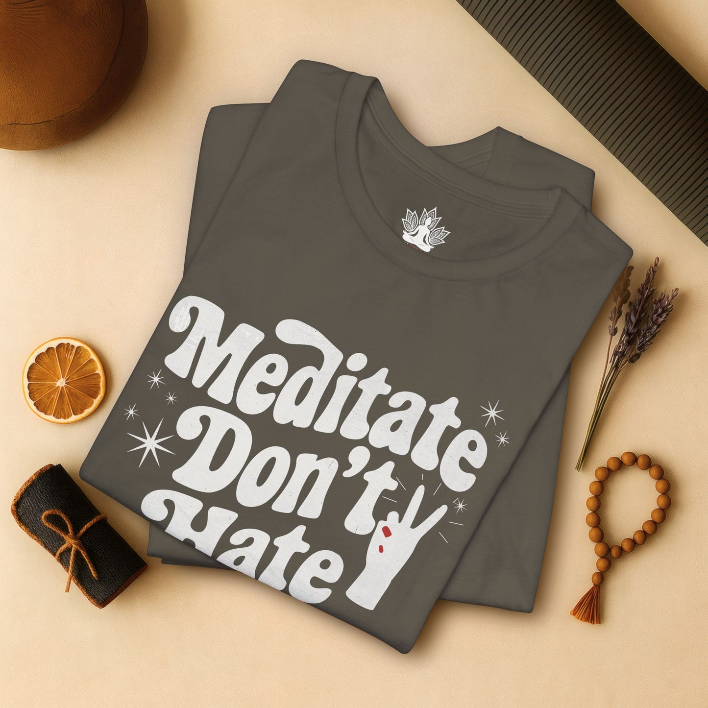 Meditate Don’t Hate – Retro Peace Yoga Tee