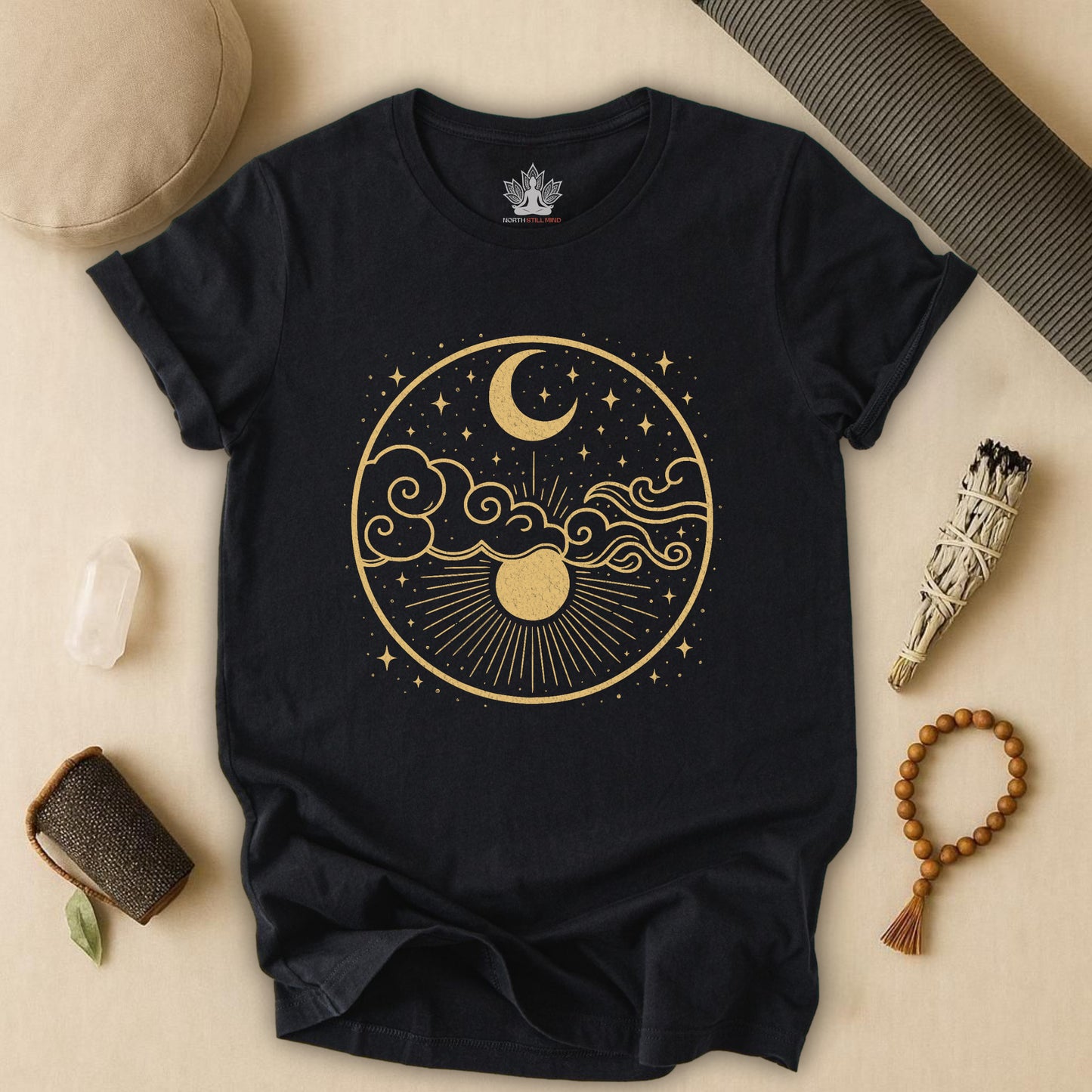 Celestial Moon and Clouds - Gold Yoga Tee