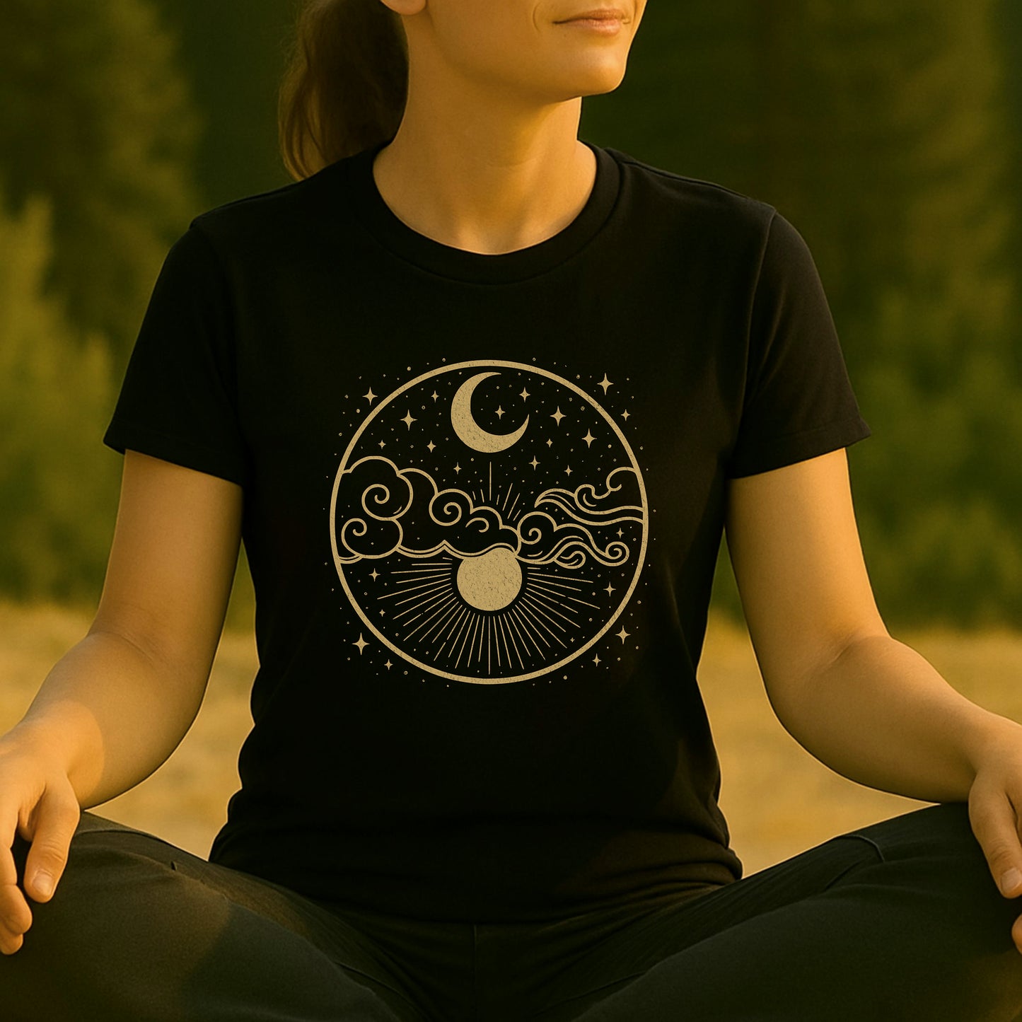 Celestial Moon and Clouds - Gold Yoga Tee