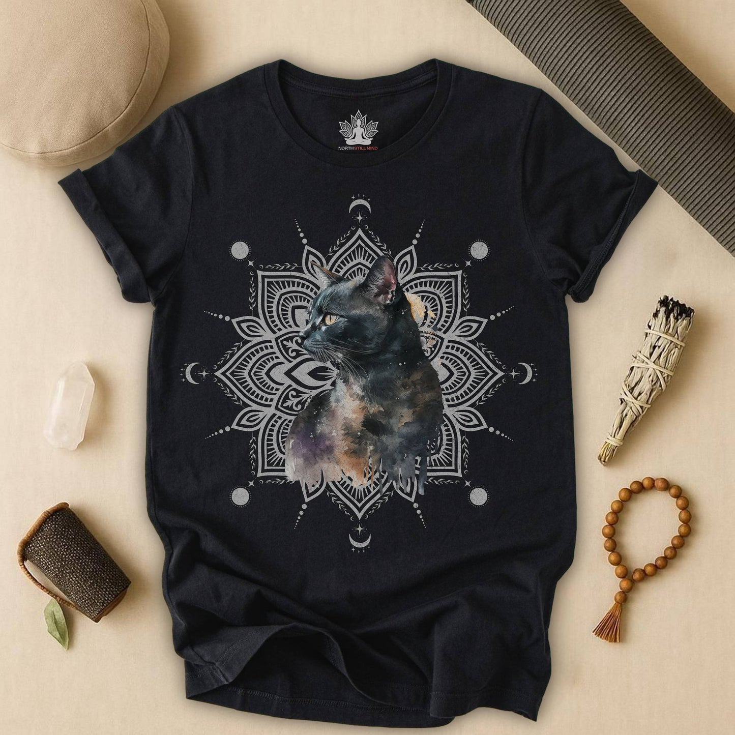 Mystic Black Cat – Mandala Moon Gaze Tee