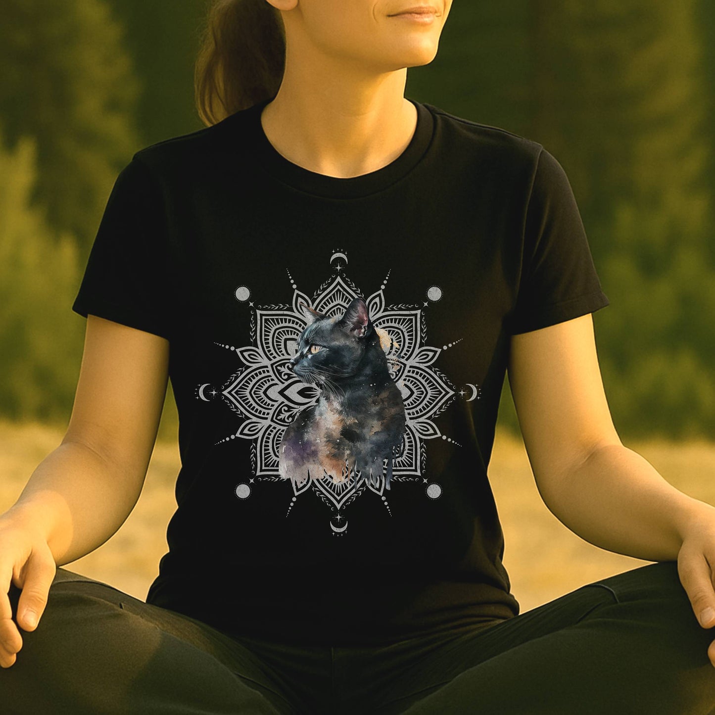 Mystic Black Cat – Mandala Moon Gaze Tee