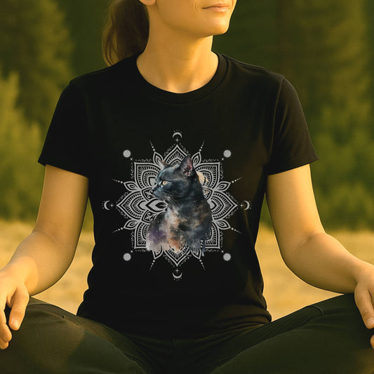 Mystic Black Cat – Mandala Moon Gaze Tee