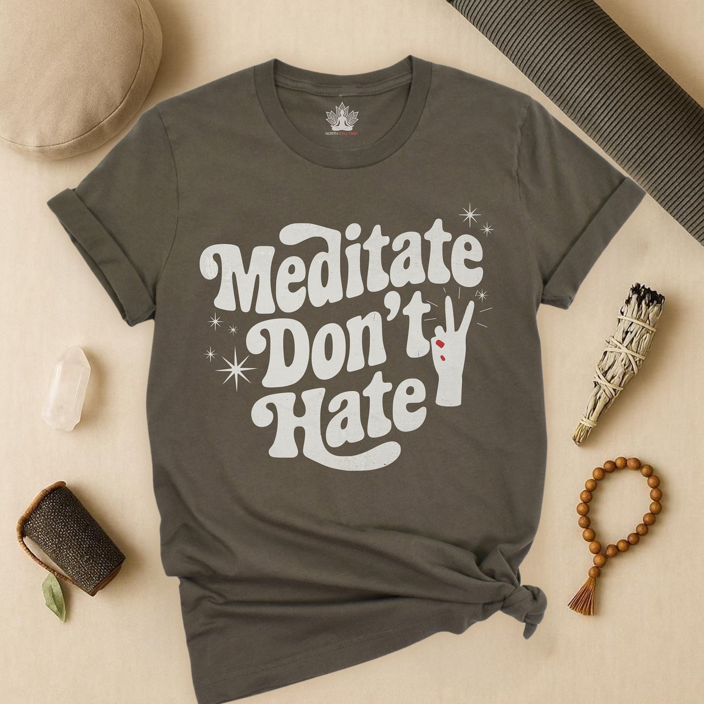 Meditate Don’t Hate – Retro Peace Yoga Tee
