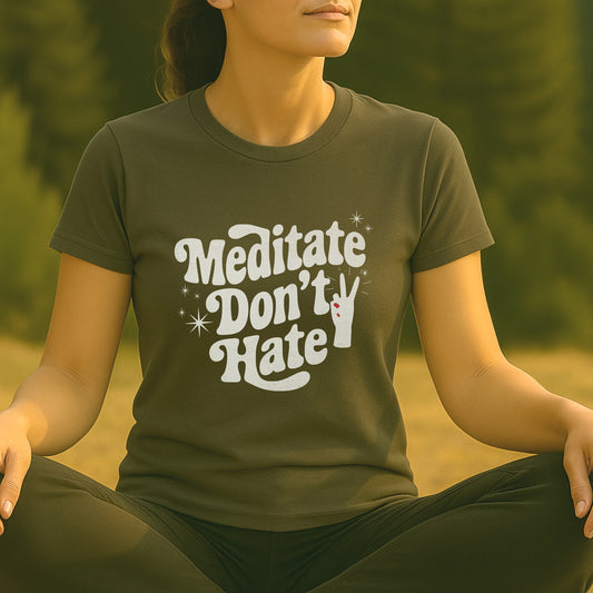 Meditate Don’t Hate – Retro Peace Yoga Tee
