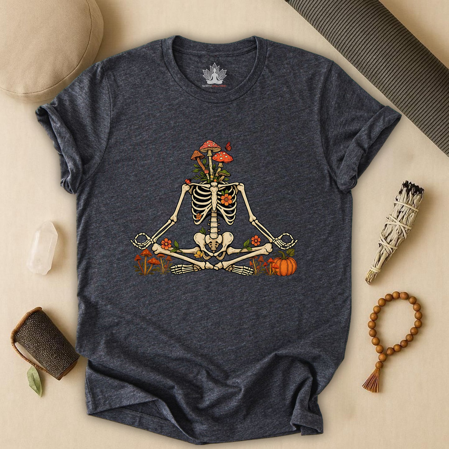 Skeleton Meditation – Halloween Mushroom Tee