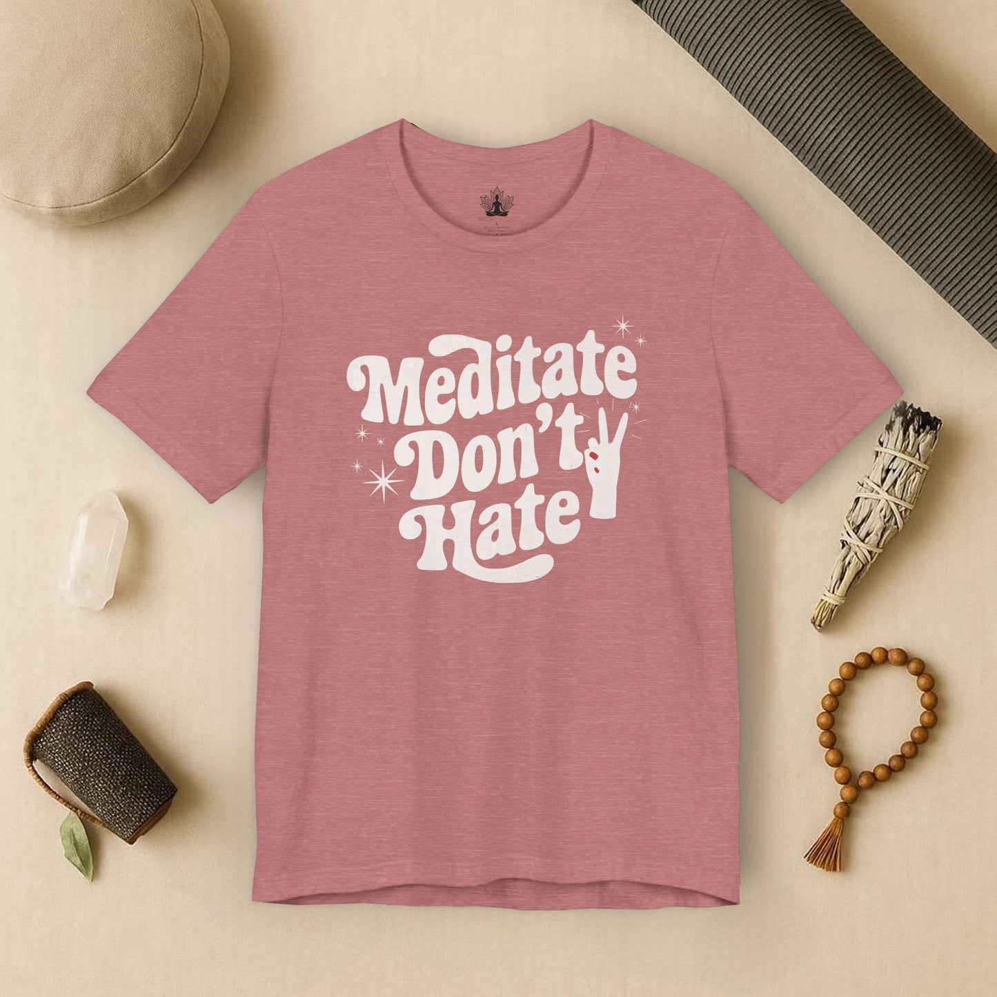 Meditate Don’t Hate – Retro Peace Yoga Tee