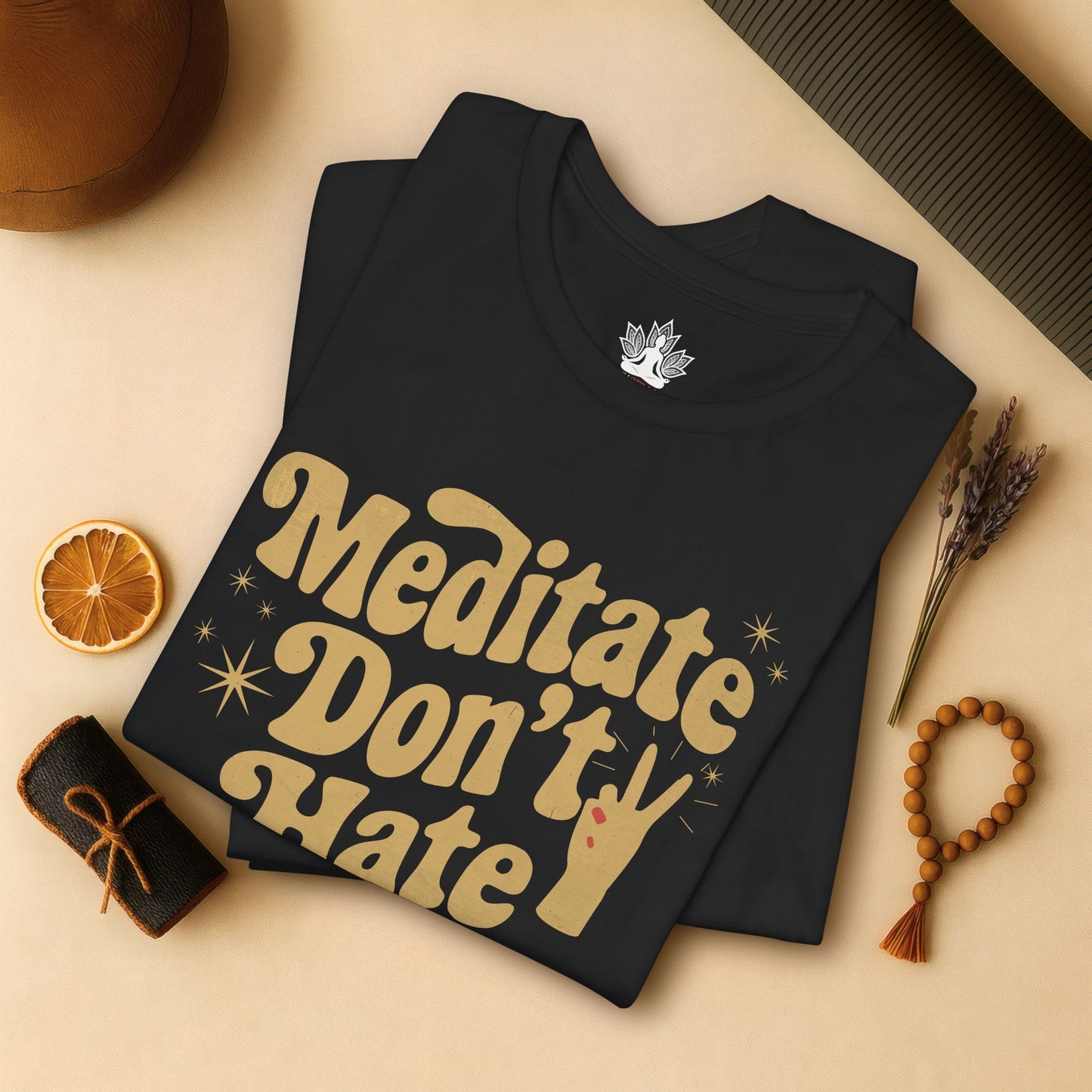 Meditate Don’t Hate – Retro Peace Yoga Tee