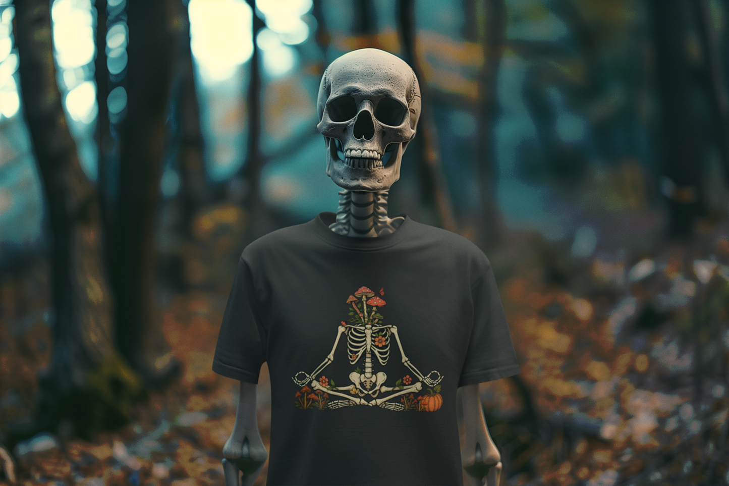 Skeleton Meditation – Halloween Mushroom Tee