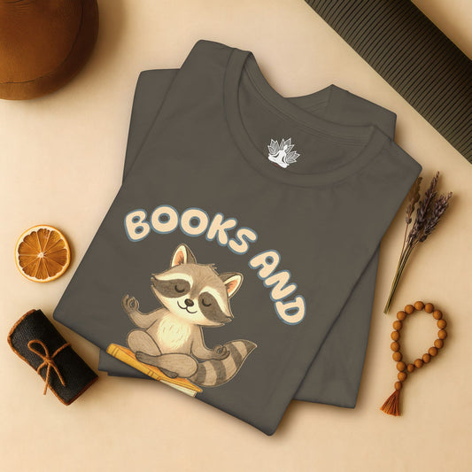 Books and Yoga – Cozy Raccoon Tee