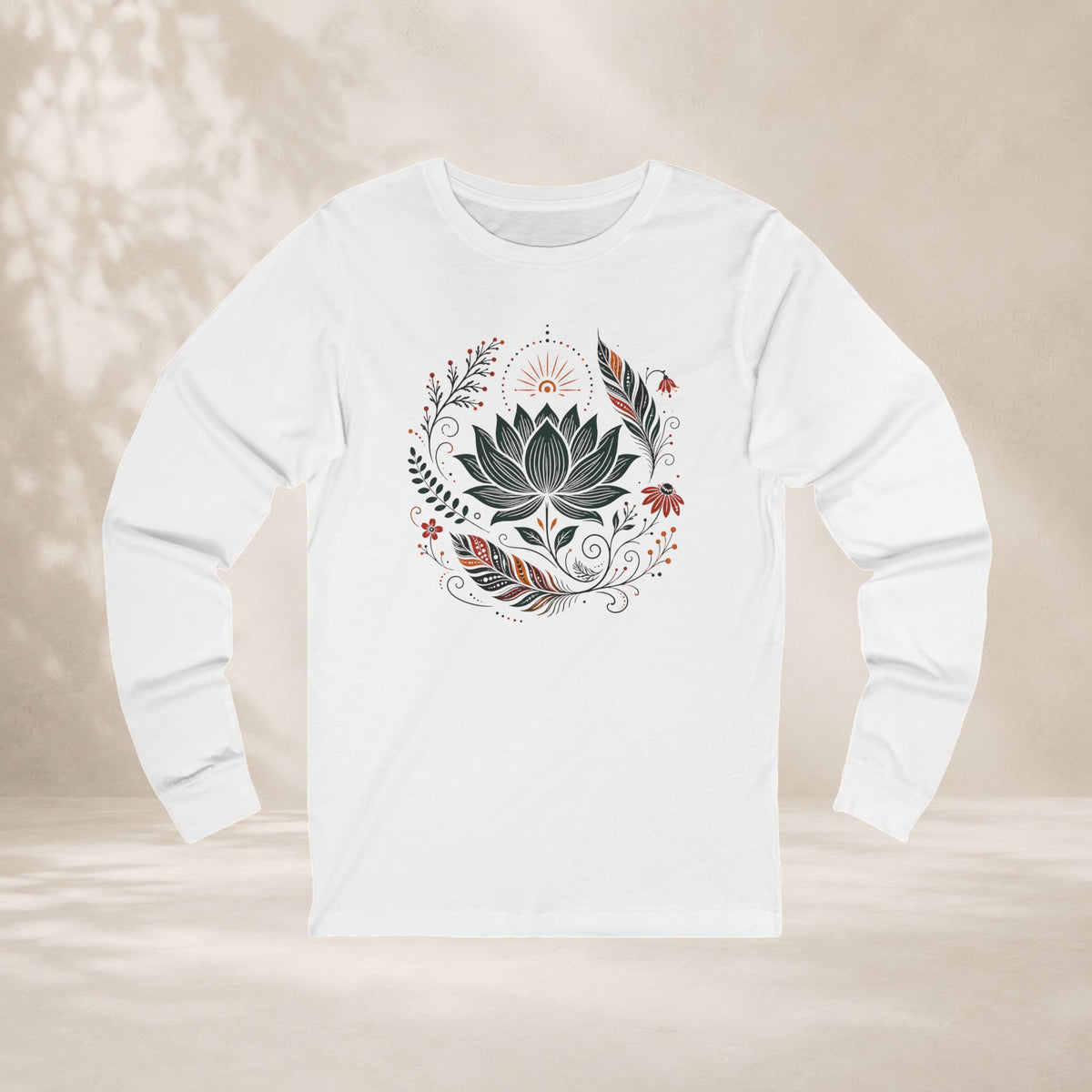 Boho Lotus & Feathers Long Sleeve Tee
