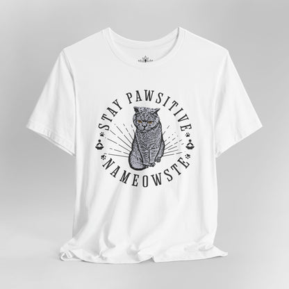 Stay Pawsitive Nameowste – Funny Cat Yoga Tee