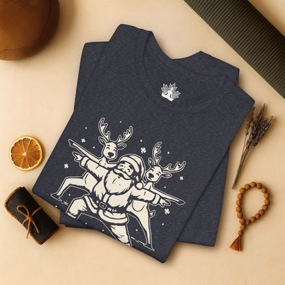 Laissez couler le Père Noël et ses rennes en posture de guerrier – T-shirt de yoga humoristique de Noël