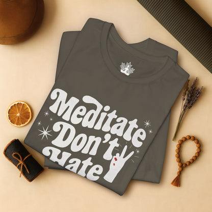 Meditate Don’t Hate – Retro Peace Yoga Tee