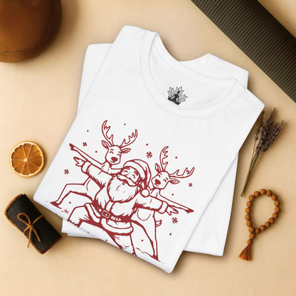 Laissez couler le Père Noël et ses rennes en posture de guerrier – T-shirt de yoga humoristique de Noël