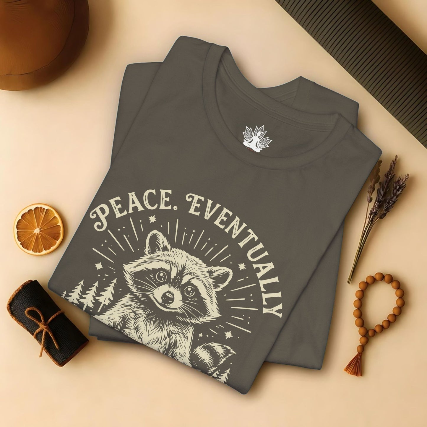 Peace Eventually – Cute Meditating Raccoon Tee