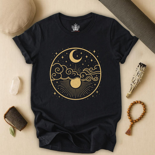 Celestial Moon and Clouds - Gold Yoga Tee