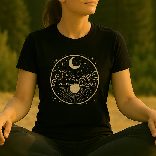 Celestial Moon and Clouds - Gold Yoga Tee