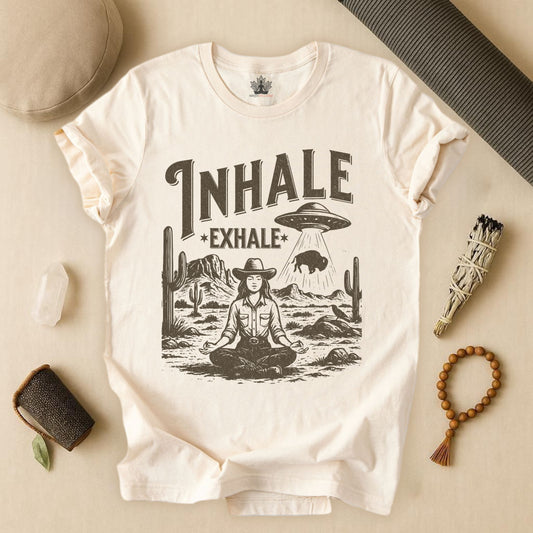 Cowgirl Inhale Exhale – Western UFO Mindfulness Tee