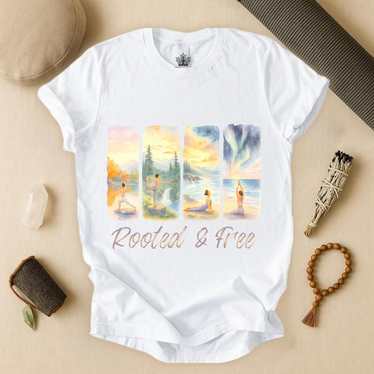 Watercolor Yoga – Rooted & Free Nature Tee
