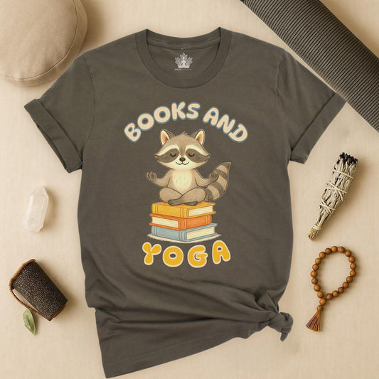Books and Yoga – Cozy Raccoon Tee