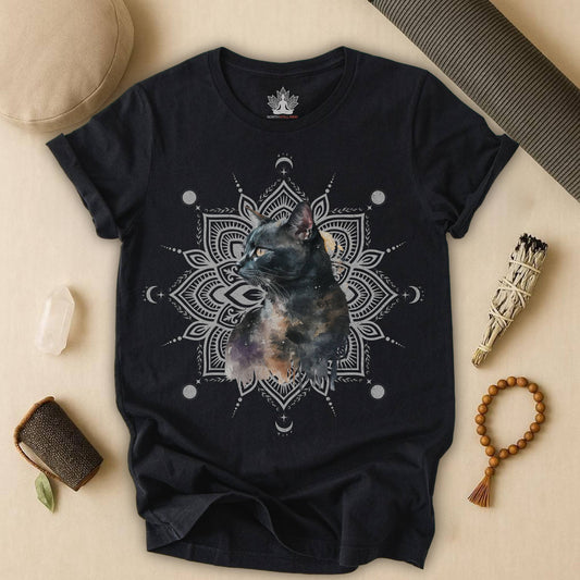 Mystic Black Cat – Mandala Moon Gaze Tee
