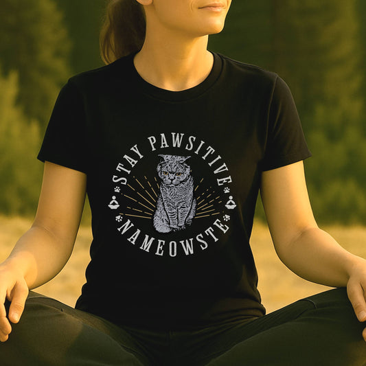 Stay Pawsitive Nameowste – Funny Cat Yoga Tee
