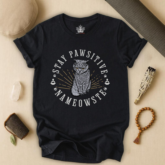 Stay Pawsitive Nameowste – Funny Cat Yoga Tee