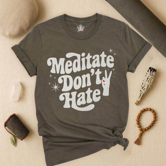 Meditate Don’t Hate – Retro Peace Yoga Tee