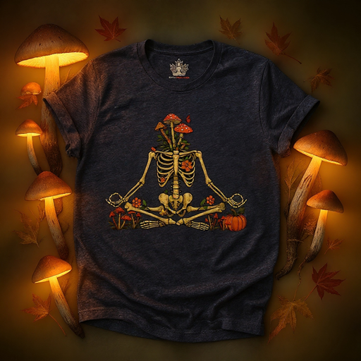 Skeleton Meditation – Halloween Mushroom Men Tee