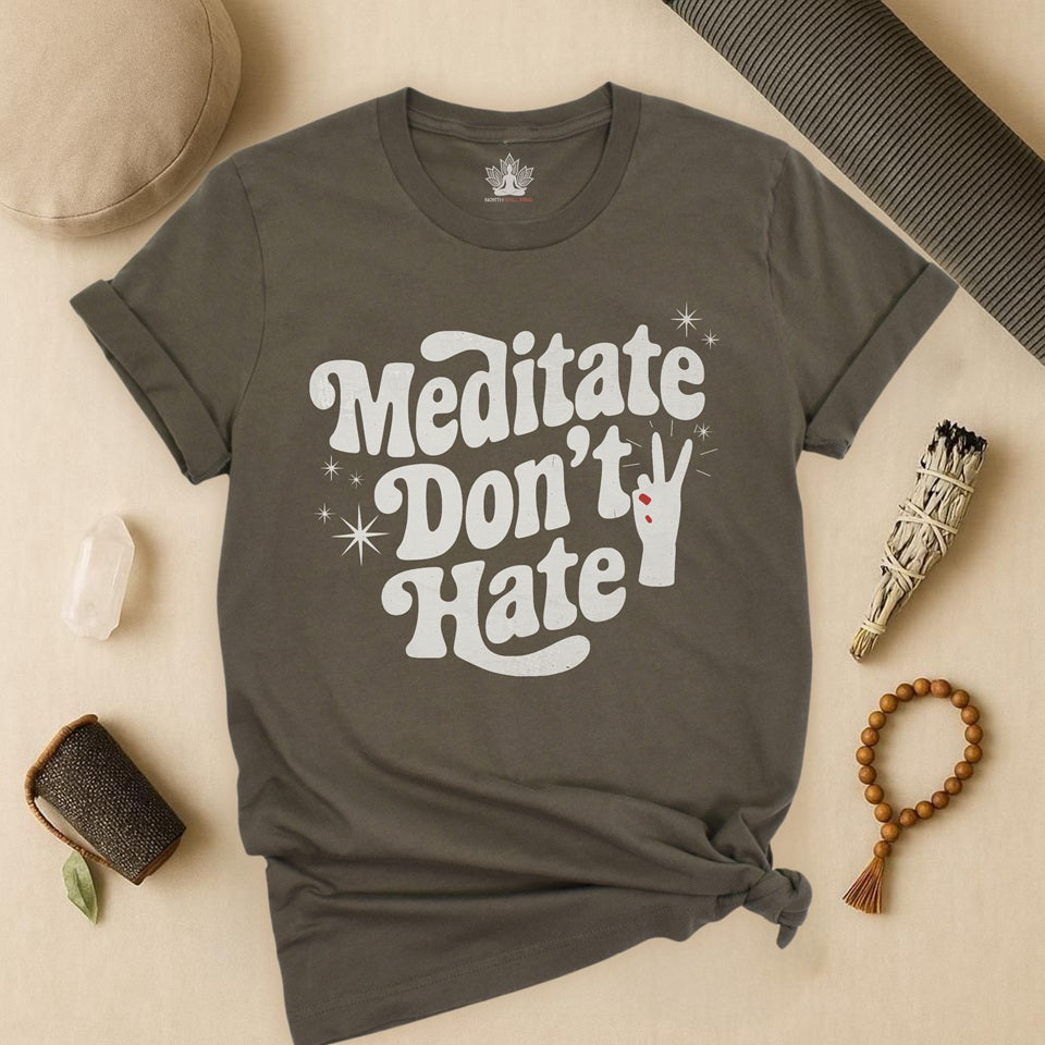 Meditate Don’t Hate – Retro Peace Yoga Tee