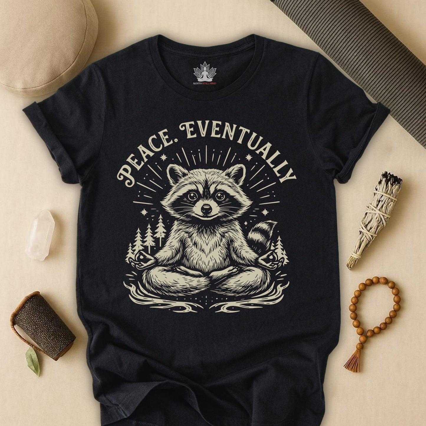 Peace Eventually – Cute Meditating Raccoon Tee