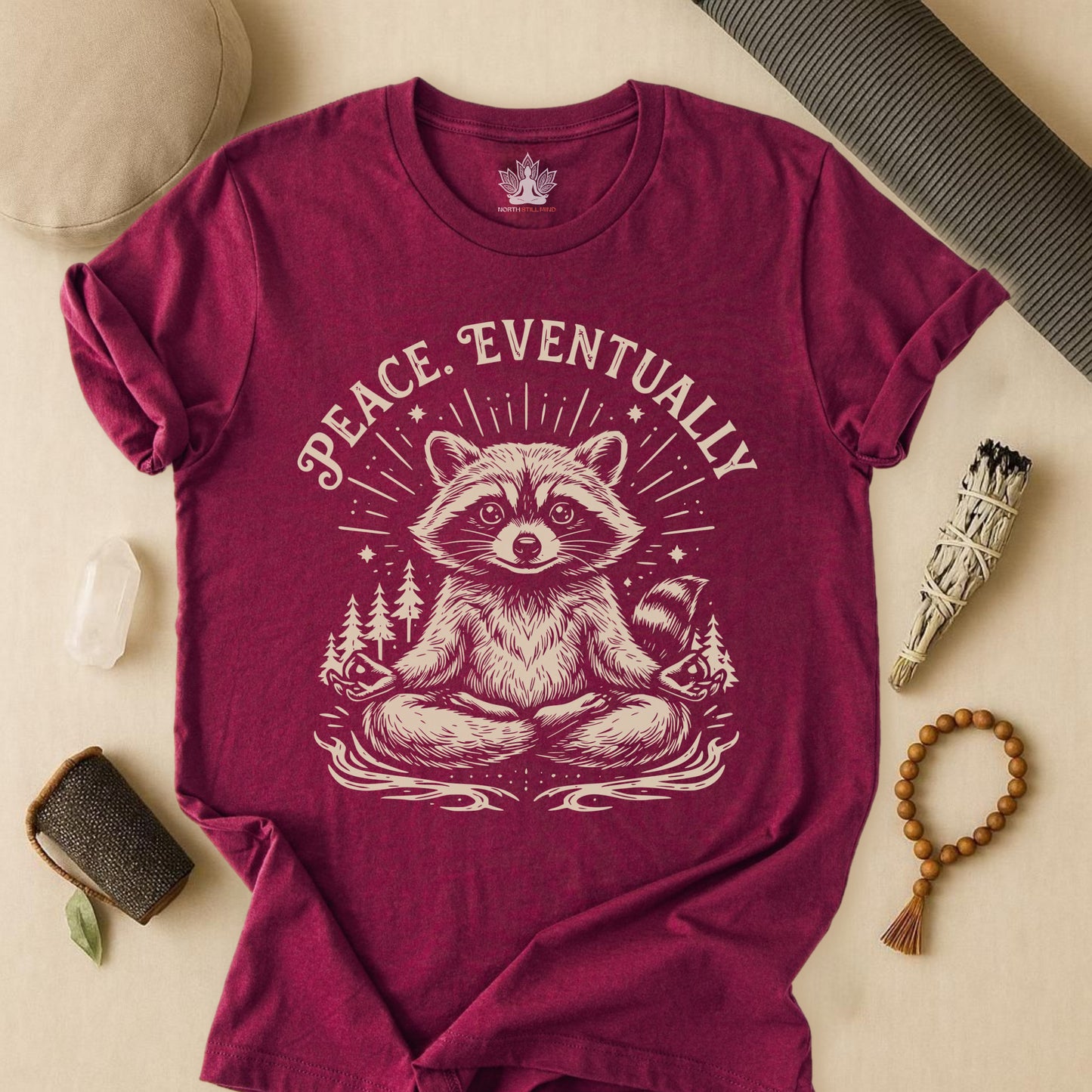 Peace Eventually – Cute Meditating Raccoon Tee