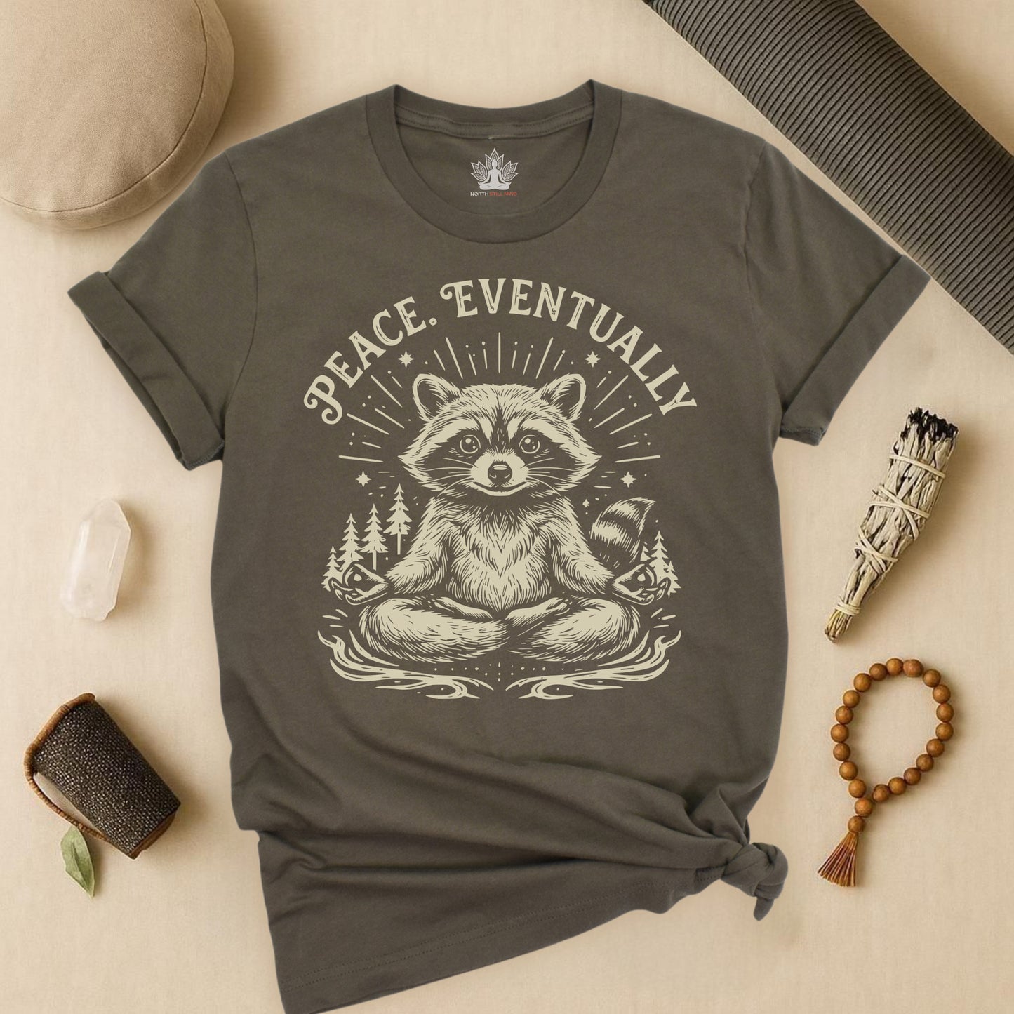 Peace Eventually – Cute Meditating Raccoon Tee