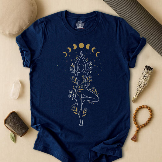 Moon Phase Tree Pose Yoga – Mindful Balance Tee