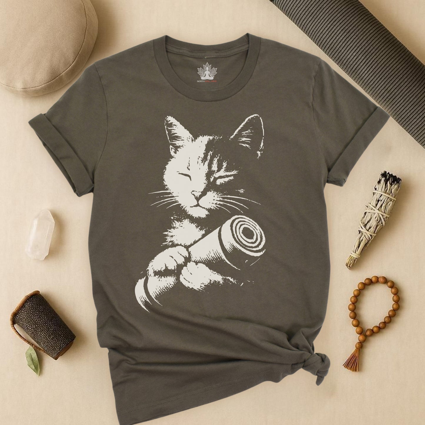 Zen Cat Shadow Art – Monochrome Yoga Graphic Tee
