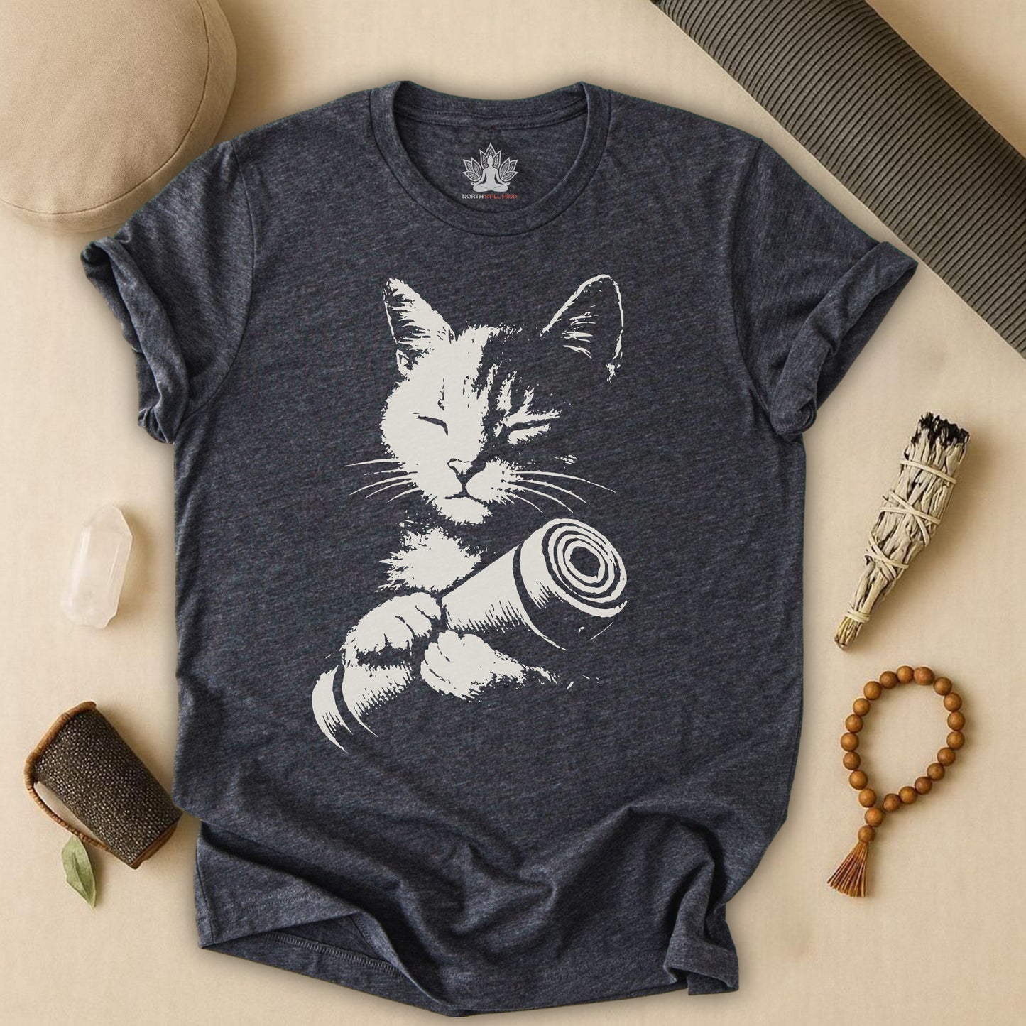 Zen Cat Shadow Art – Monochrome Yoga Graphic Tee