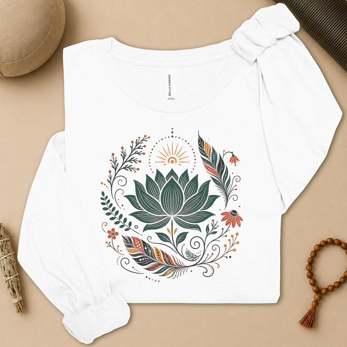 Boho Lotus & Feathers Long Sleeve Tee