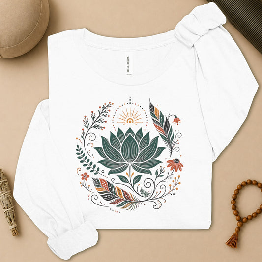 Boho Lotus & Feathers Long Sleeve Tee