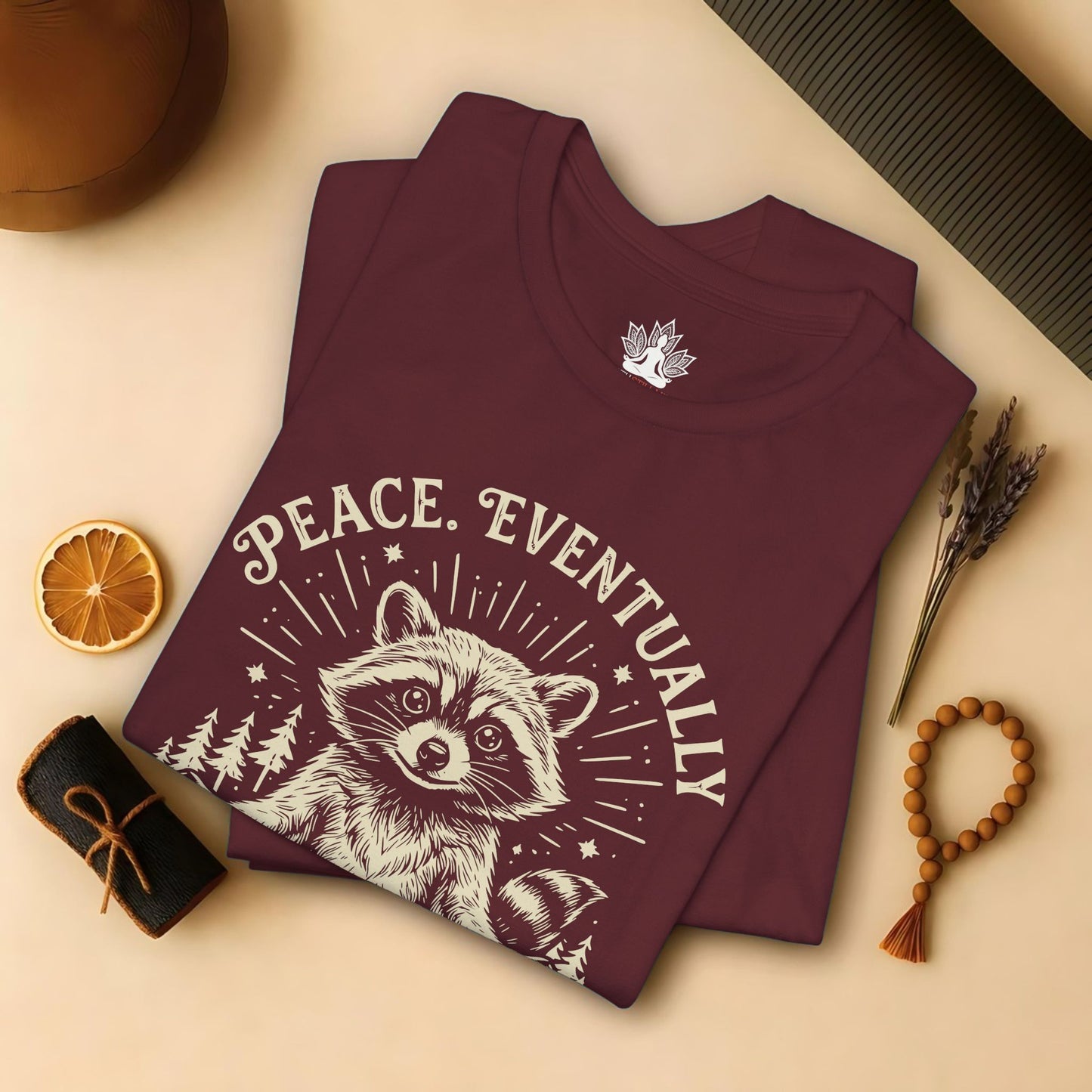 Peace Eventually – Cute Meditating Raccoon Tee