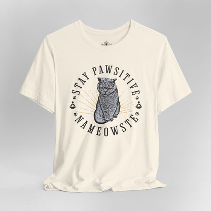 Stay Pawsitive Nameowste – Funny Cat Yoga Tee