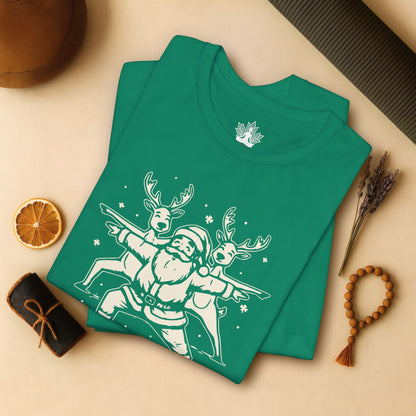 Laissez couler le Père Noël et ses rennes en posture de guerrier – T-shirt de yoga humoristique de Noël