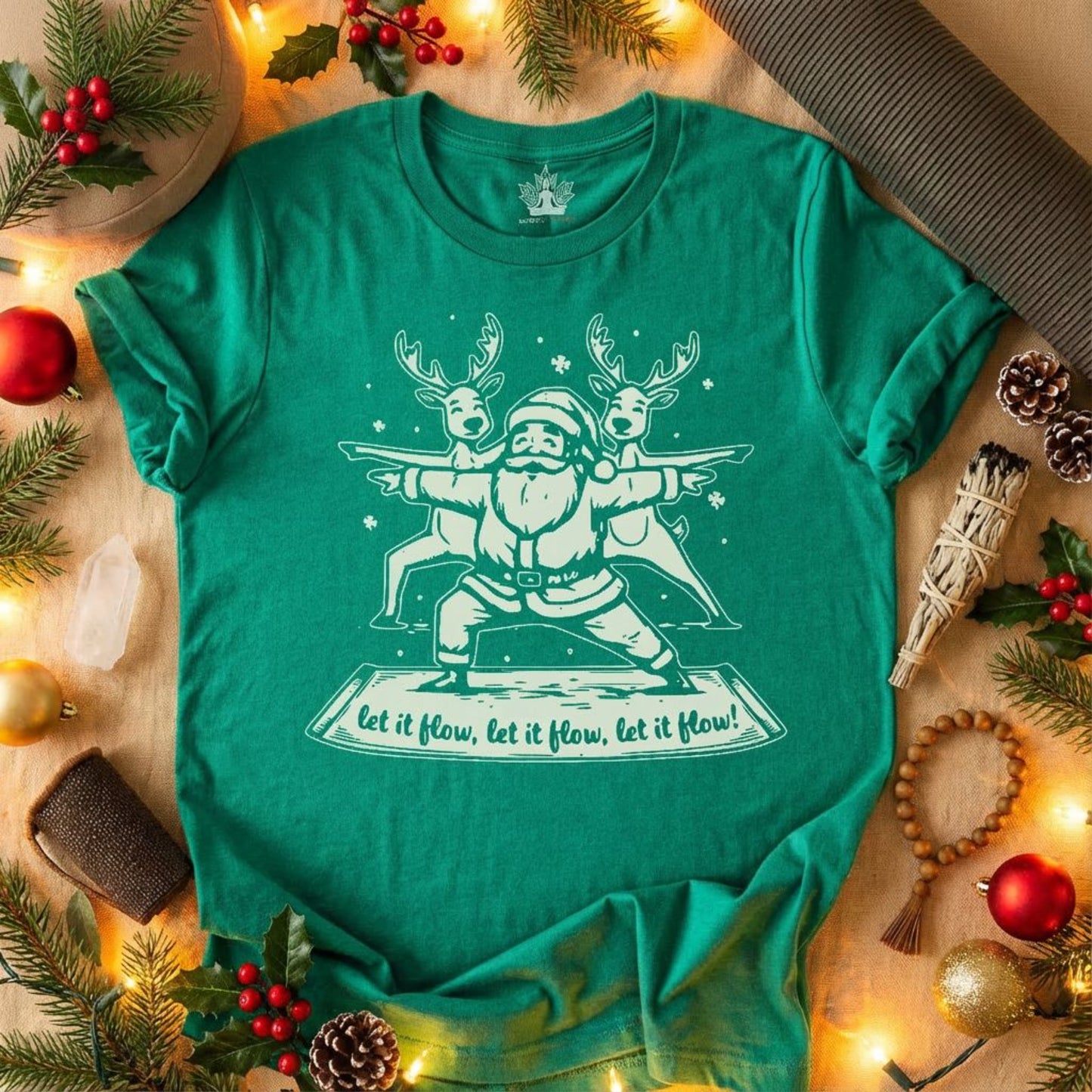 Laissez couler le Père Noël et ses rennes en posture de guerrier – T-shirt de yoga humoristique de Noël