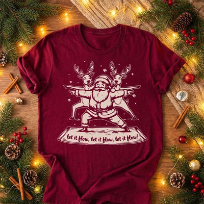 Laissez couler le Père Noël et ses rennes en posture de guerrier – T-shirt de yoga humoristique de Noël